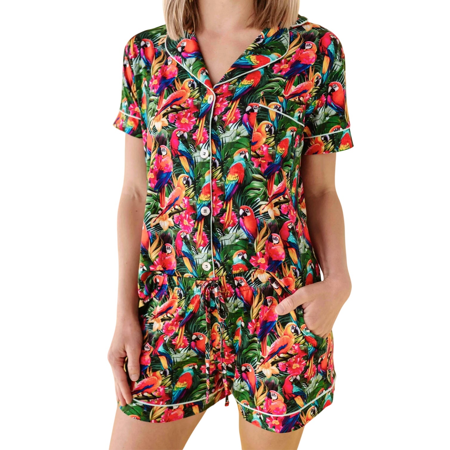 Bums & Roses Parrot-Ise Found Collar Shirt & Short Set Red L Nwt